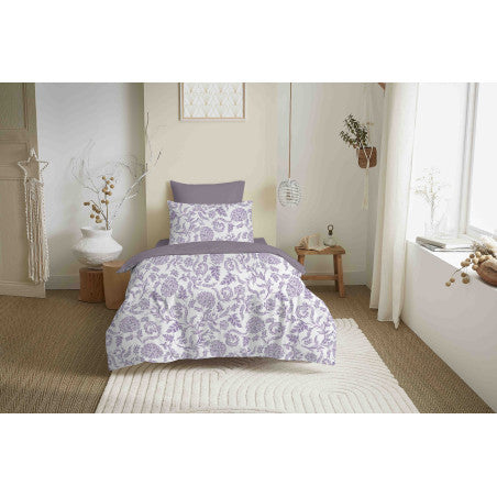 Pack Complet Housse de couette  Imprimé 140 x 200 cm - Drap housse 90 x 190 cm - 100% coton / 57 fils/cm² - SALMA LAVANDE