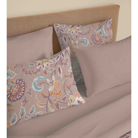 Pack Complet Housse de couette Imprimé 220 x 240 cm - Drap housse 140 x 190 cm - 100% coton / 57 fils/cm² - BERGAME NUDE