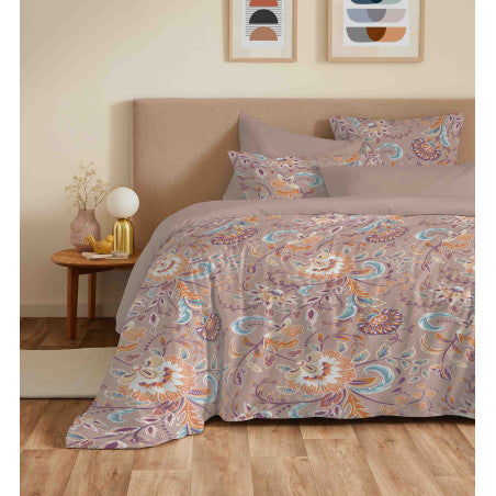 Pack Complet Housse de couette Imprimé 220 x 240 cm - Drap housse 160 x 200 cm - 100% coton / 57 fils/cm²- BERGAME NUDE