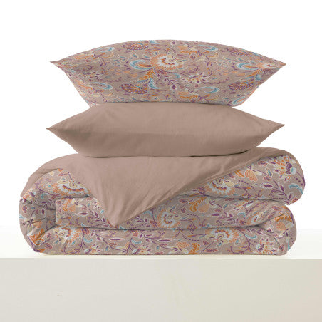 Pack Complet Housse de couette Imprimé 220 x 240 cm - Drap housse 160 x 200 cm - 100% coton / 57 fils/cm²- BERGAME NUDE