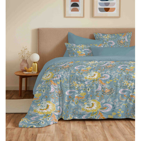 Pack Complet Housse de couette Imprimé 220 x 240 cm - Drap housse 160 x 200 cm - 100% coton / 57 fils/cm²- BERGAME TURQUOISE