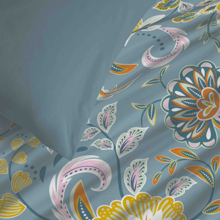 Pack Complet Housse de couette Imprimé 220 x 240 cm - Drap housse 160 x 200 cm - 100% coton / 57 fils/cm²- BERGAME TURQUOISE