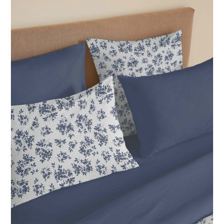 Pack Complet Housse de couette Imprimé 220 x 240 cm - Drap housse 160 x 200 cm - 100% coton / 57 fils/cm²- ELOISE BLEU