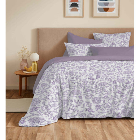Pack Complet Housse de couette Imprimé 220 x 240 cm - Drap housse 160 x 200 cm - 100% coton / 57 fils/cm²- SALMA LAVANDE
