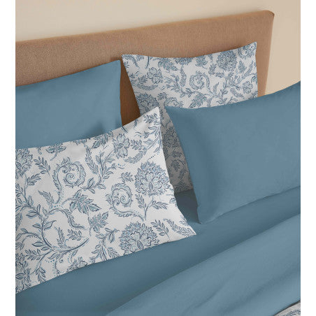 Pack Complet Housse de couette Imprimé 240 x 260 cm - Drap housse 180 x 200 cm King Size - 100% coton / 57 fils/cm²- SALMA BLEU