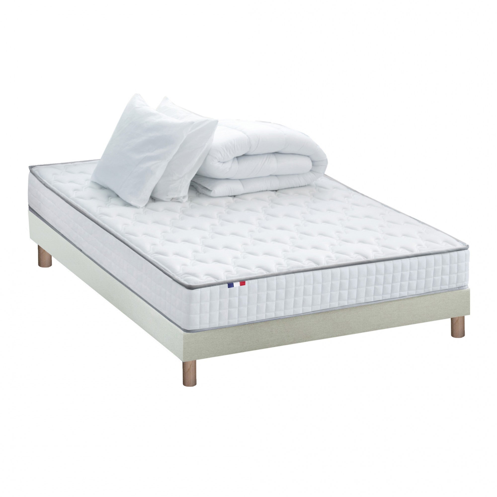 Pack literie complet ASTRE : matelas, sommier Beige, couette et oreillers, made in France