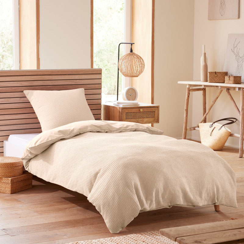 Pack 2 Pièces Housse de couette  140x200cm + 1 taie d'oreiller 65X65cm  - nid d'abeille - Naturel