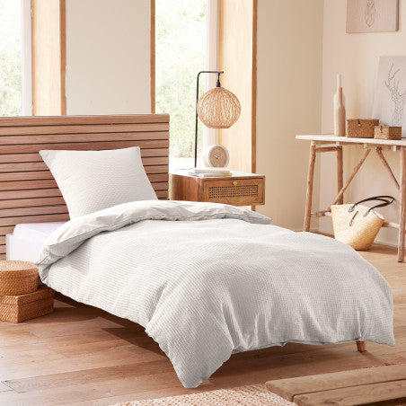 Pack 2 Pièces Housse de couette 140x200cm + 1 taie d'oreiller 65X65cm - nid d'abeille - Neige