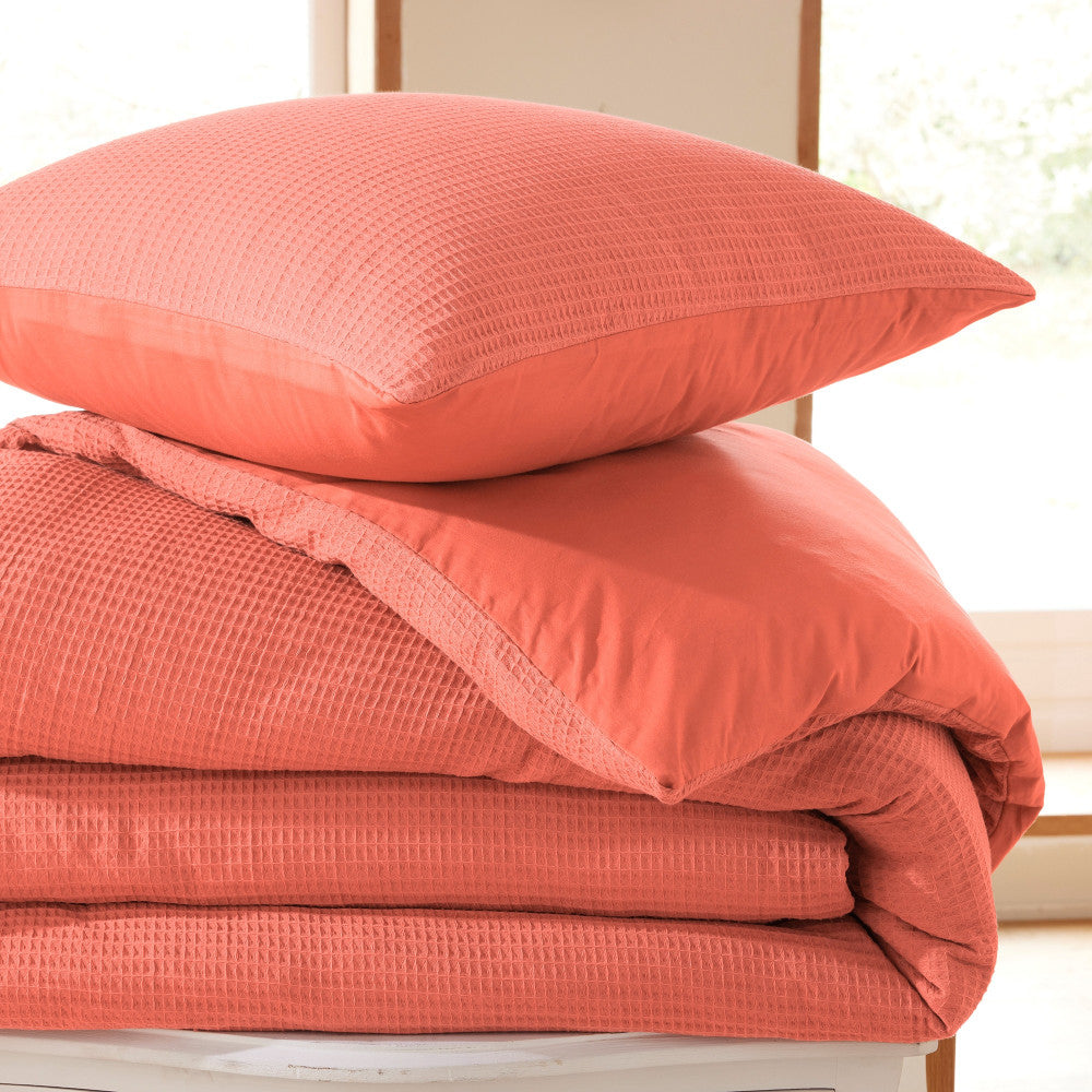 Pack 2 Pièces Housse de couette 140x200cm + 1 taie d'oreiller 65X65cm nid d'abeille - Blush