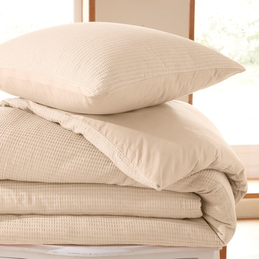 Pack 2 Pièces Housse de couette  140x200cm + 1 taie d'oreiller 65X65cm  - nid d'abeille - Naturel