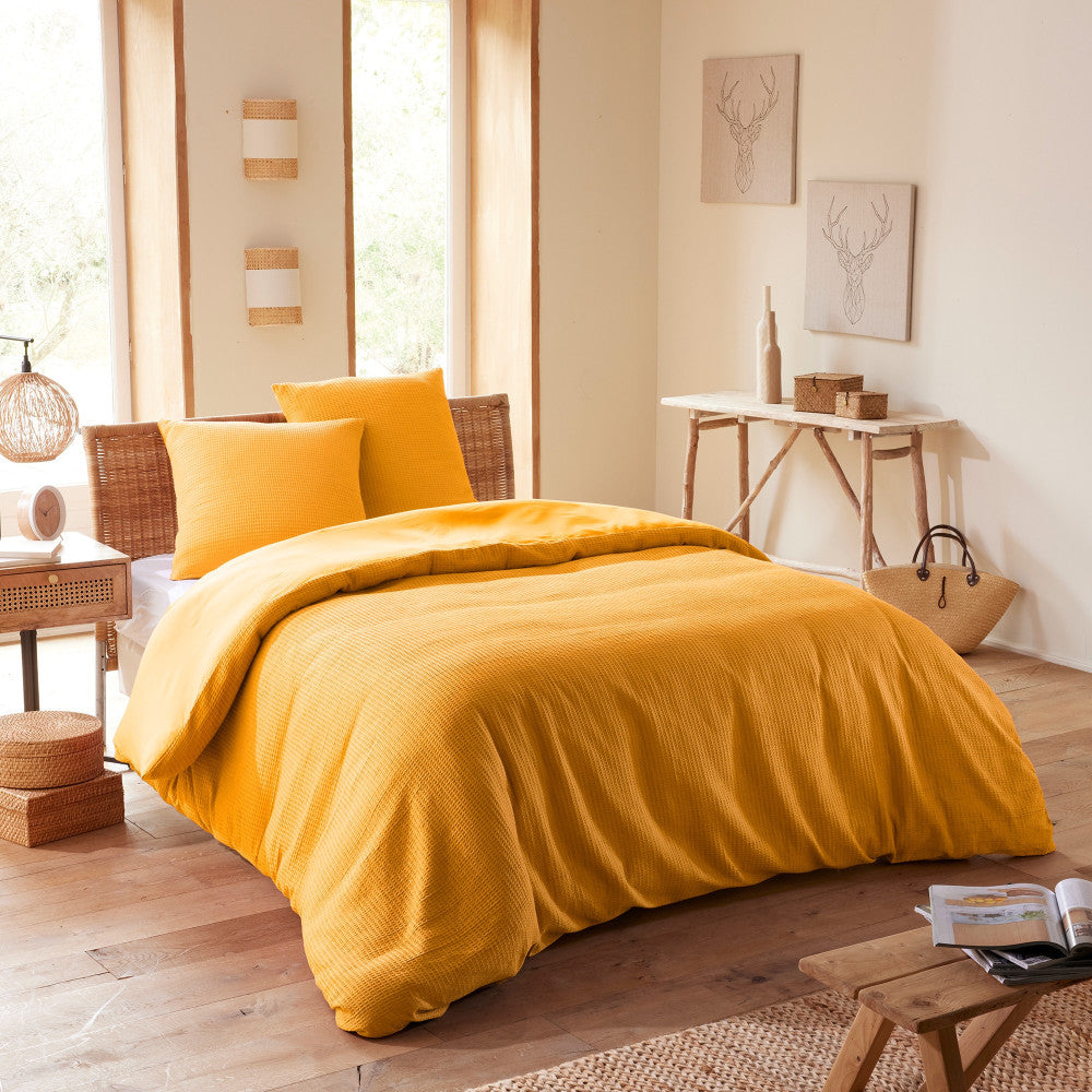 Pack 2 Pièces Housse de couette 140x200cm + 1 taie d'oreiller 65X65cm - nid d'abeille - Curry