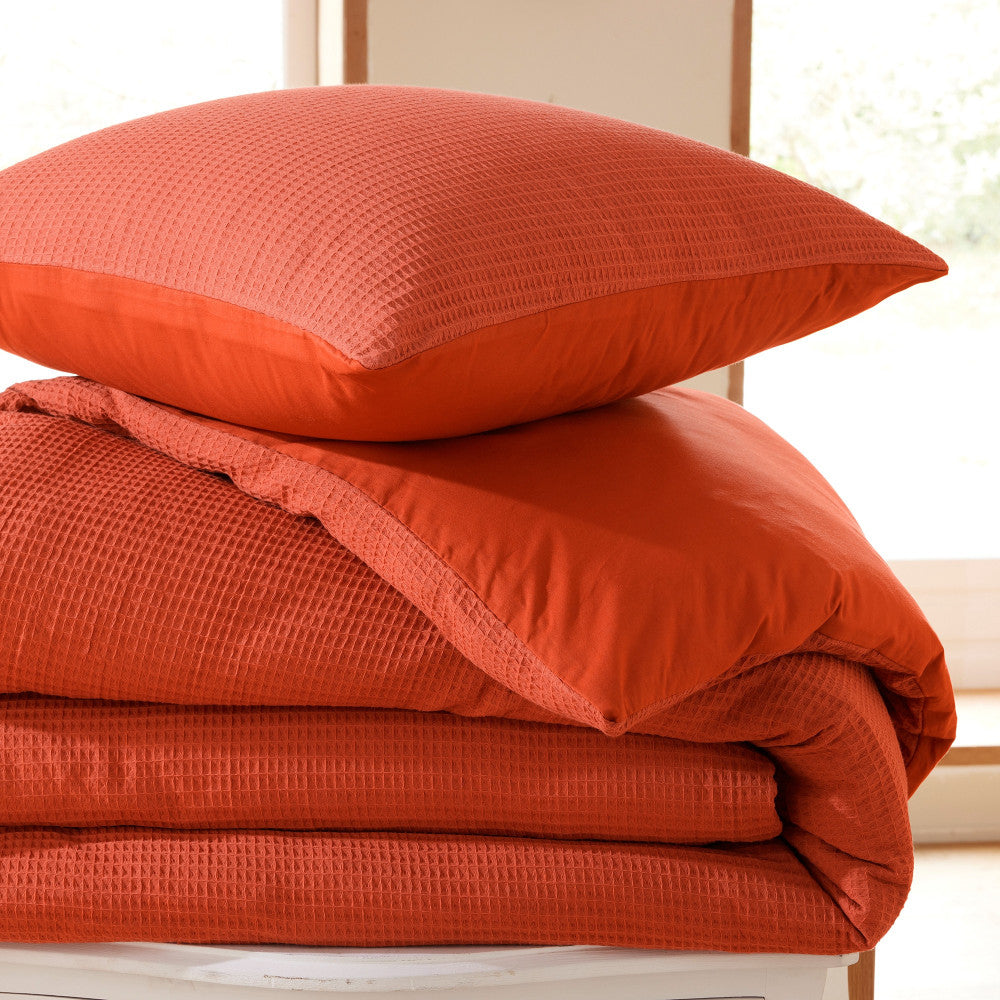 Pack 3 Pièces Housse de couette 240x220cm + 2 taies d'oreiller 65X65cm - nid d'abeille - Terracotta