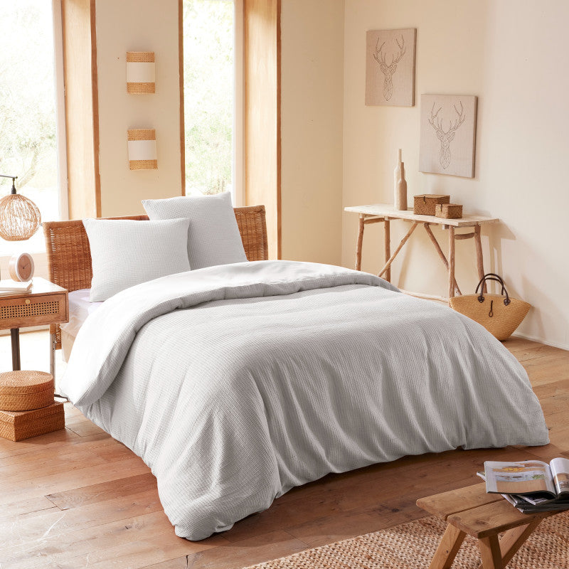 Pack 3 Pièces Housse de couette 240x220cm + 2 taies d'oreiller 65X65cm - nid d'abeille - Perle