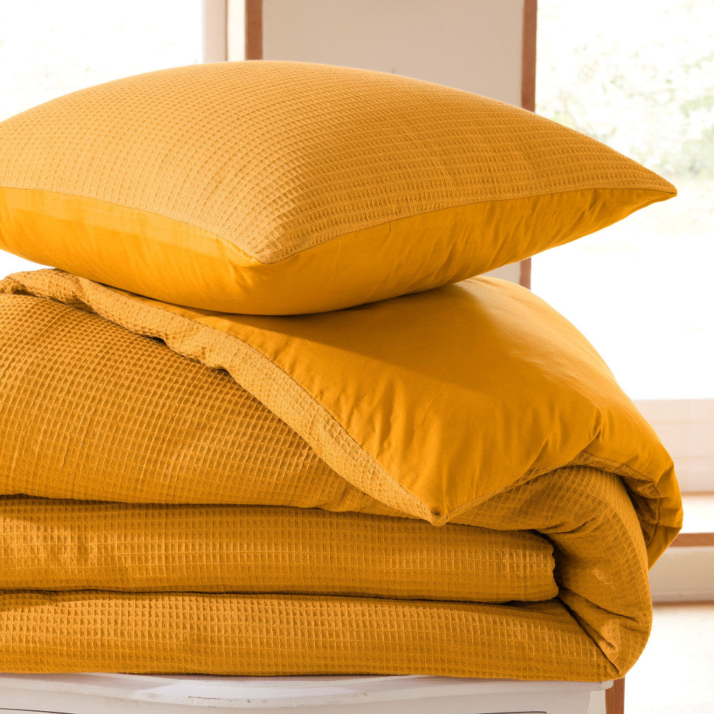 Pack 2 Pièces Housse de couette 140x200cm + 1 taie d'oreiller 65X65cm - nid d'abeille - Curry