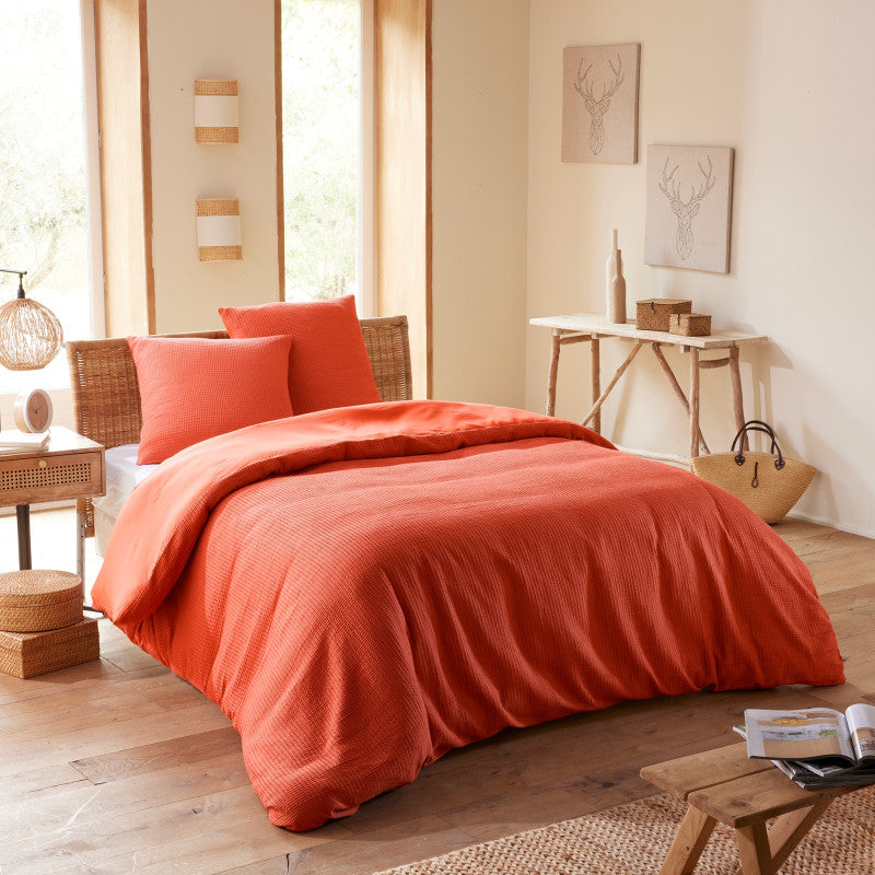 Pack 3 Pièces Housse de couette 240x220cm + 2 taies d'oreiller 65X65cm - nid d'abeille - Terracotta