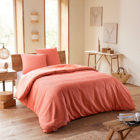 Pack 3 Pièces Housse de couette 240x220cm + 2 taies d'oreiller 65X65cm nid d'abeille - Blush