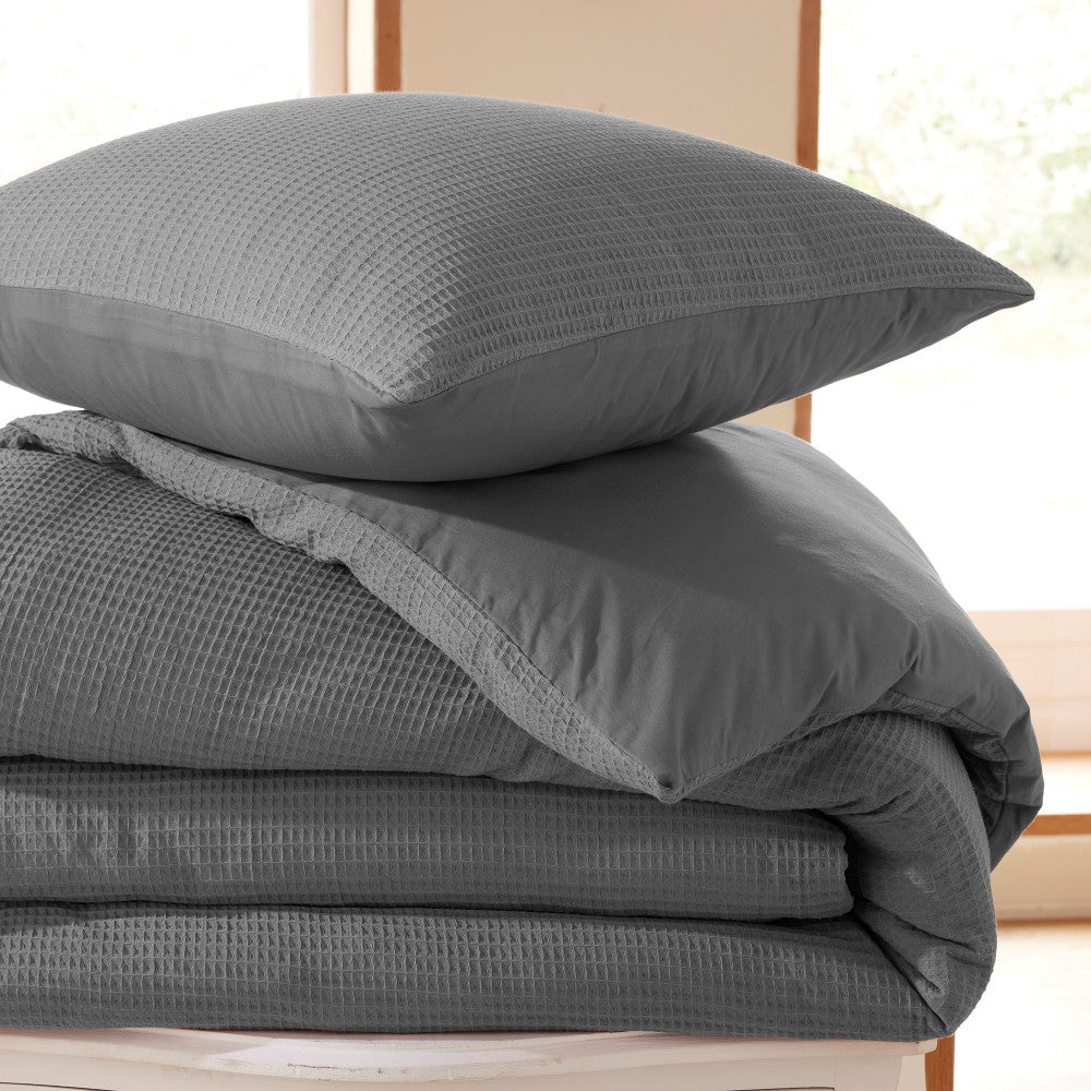 Pack 3 pièces Couette 240x220cm + 2 taies d'oreiller 65X65cm nid d'abeille - Ardoise