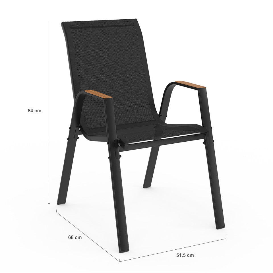 Ensemble repas Timbia 6 places noir et verre trempé effet bois