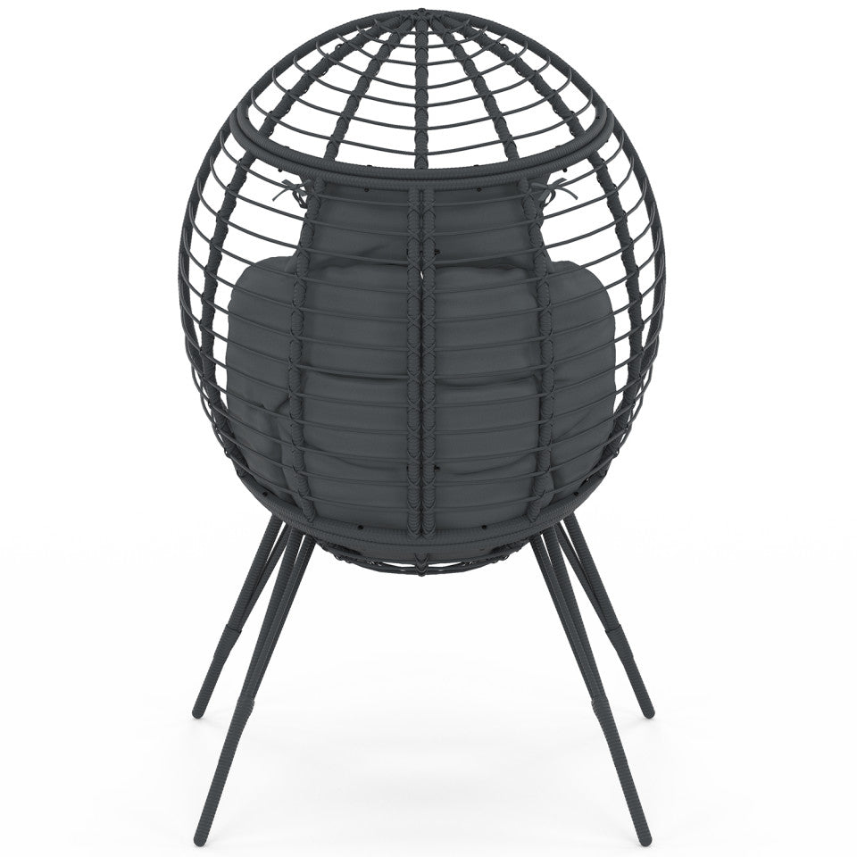 Fauteuil œuf sur pied effet rotin gris avec coussin