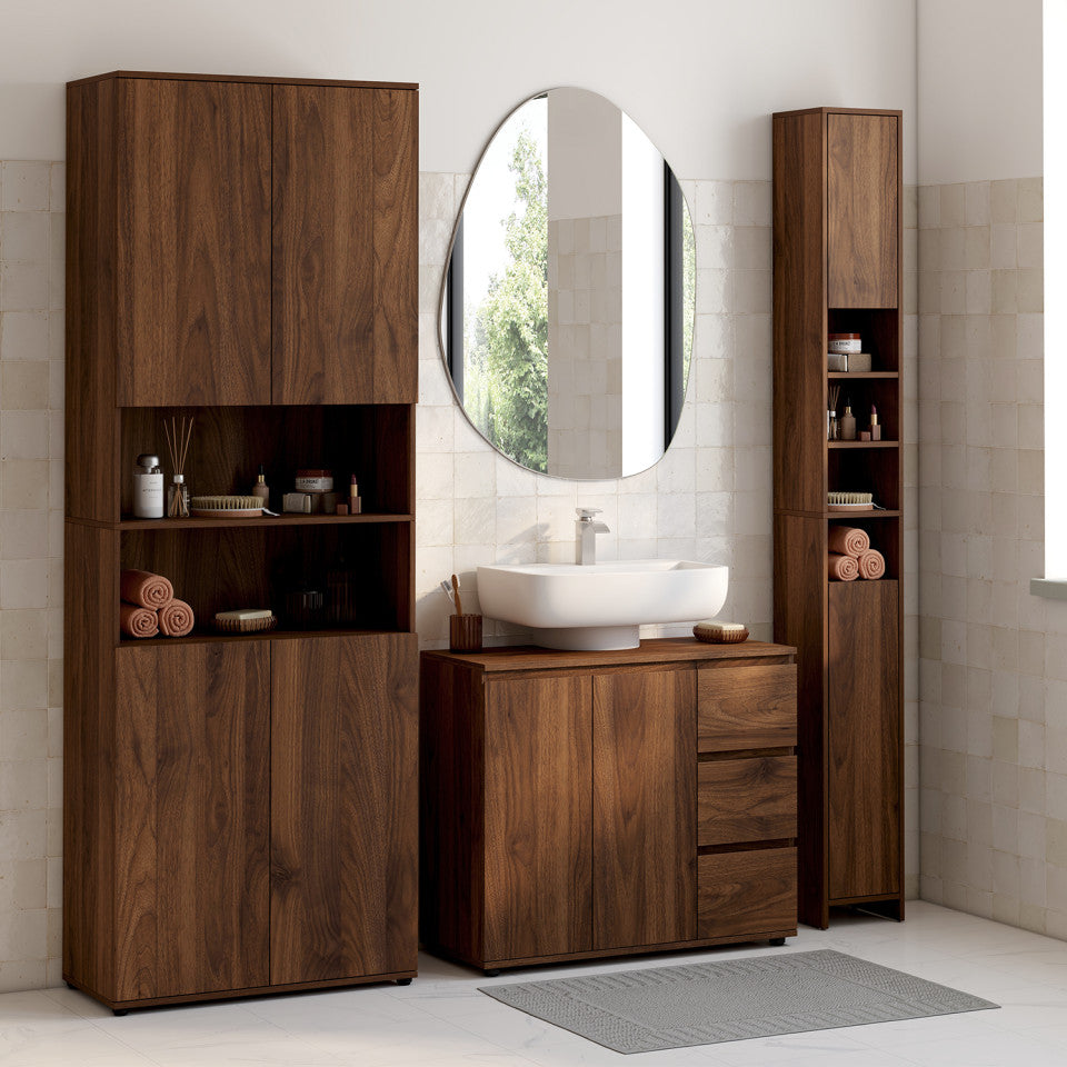 Meuble sous vasque Tom effet noyer placards et tiroirs