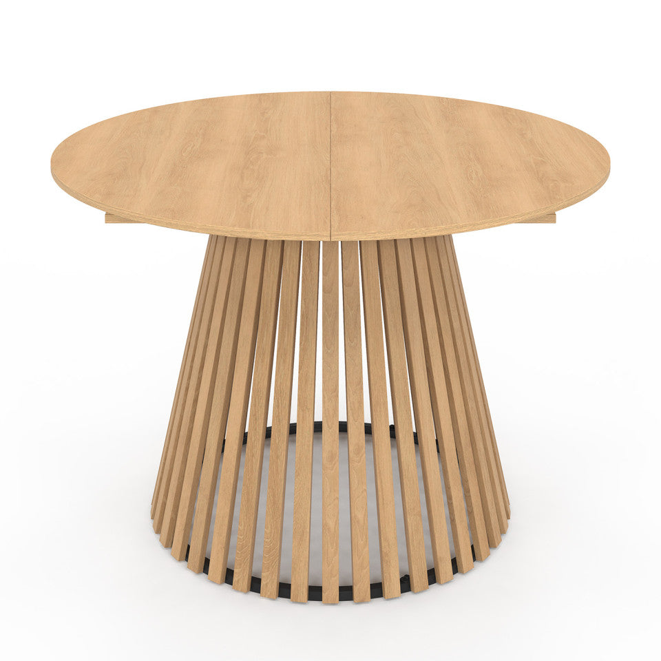 Table repas Camélia plateau rond extensible 110-150cm et pieds lattes