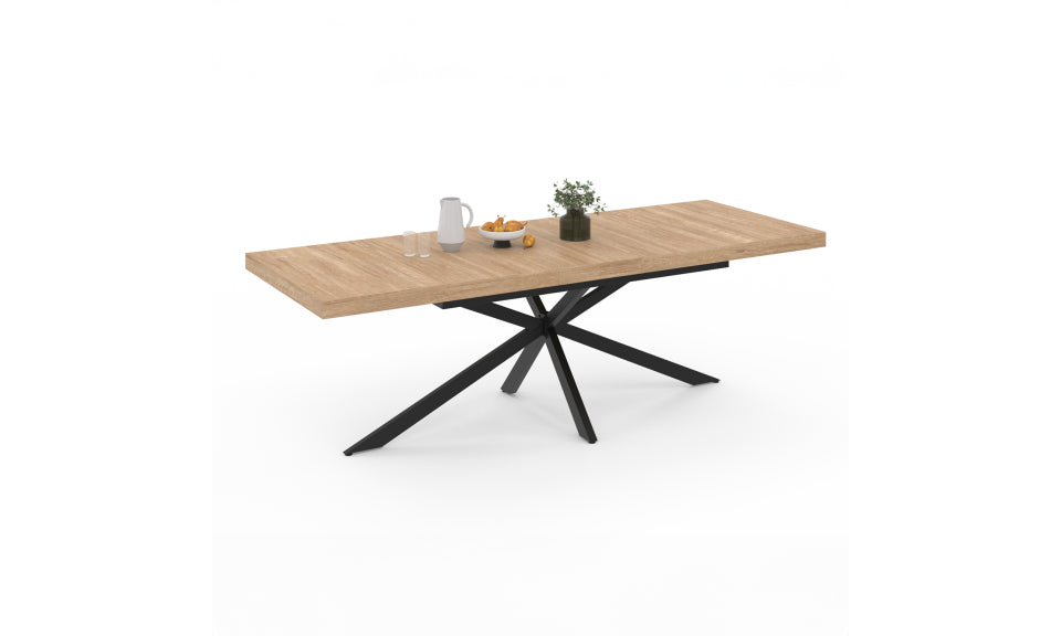 Table repas extensible Memphis 200-240cm plateau bois avec rangement intégré et pieds croisés noirs