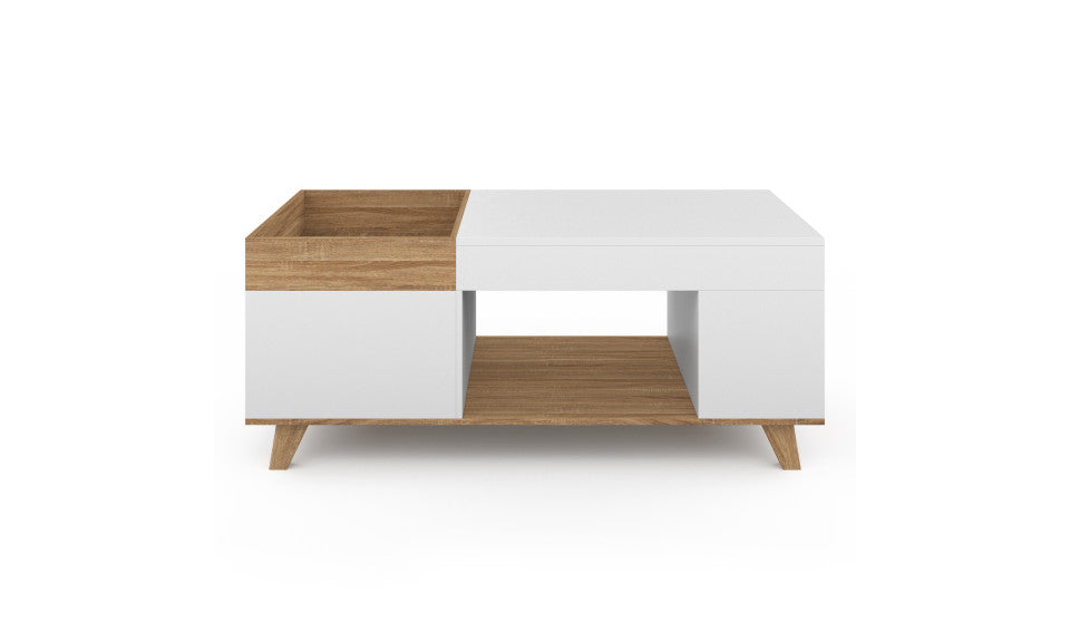 Table basse Stella avec plateau relevable et double coffre bois et blanc