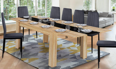 Table repas contemporaine extensible Gloria 140-220cm plateau naturel et chemin de table noir