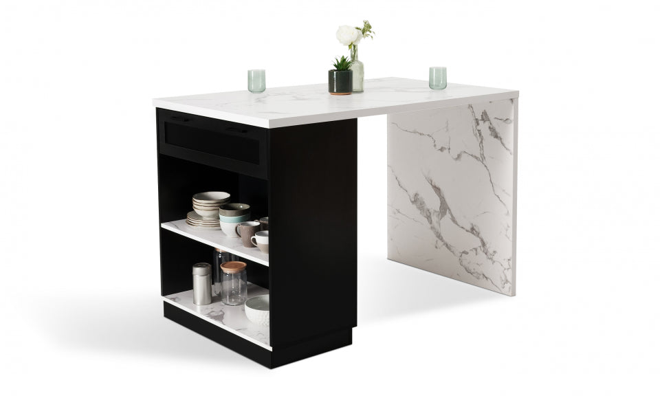 Ilot central de cuisine Marius L130cm effet marbre et noir avec rangements