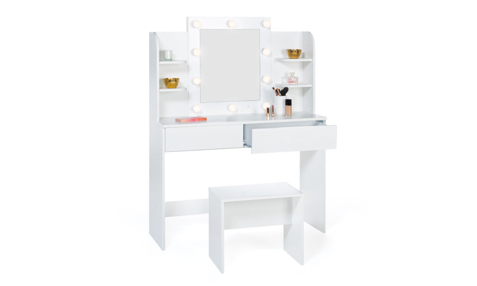 Coiffeuse Zita blanche double étagères, miroir LED et tabouret