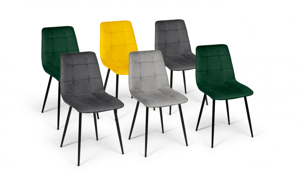 Chaises Linda en velours mix de couleurs : 2x vert, 1x gris clair, 2x gris foncé et 1x jaune - lot de 6