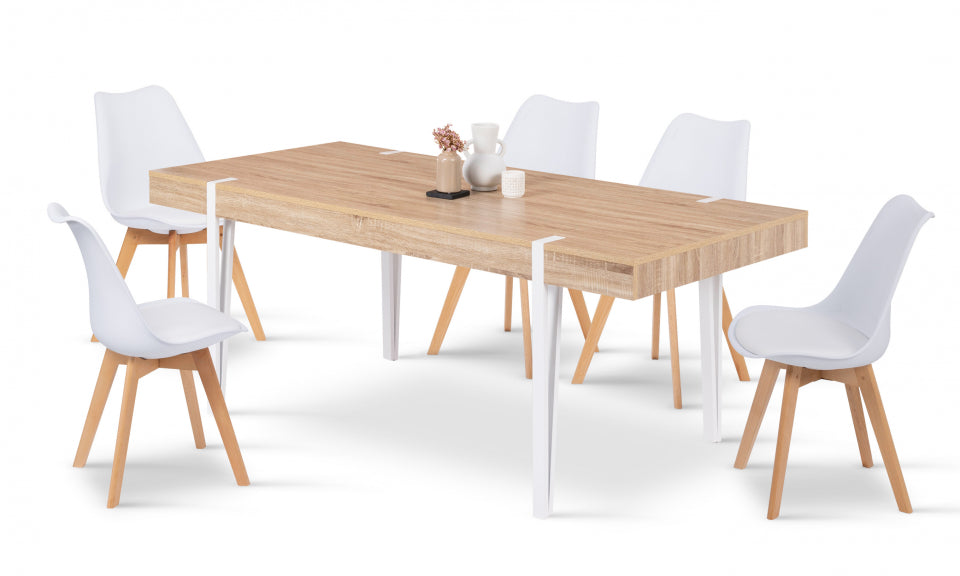 Table repas Hudson 200cm plateau bois et pieds blancs