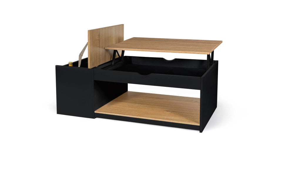 Table basse Elina avec double plateau relevable et coffre latéral noire et bois L110cm