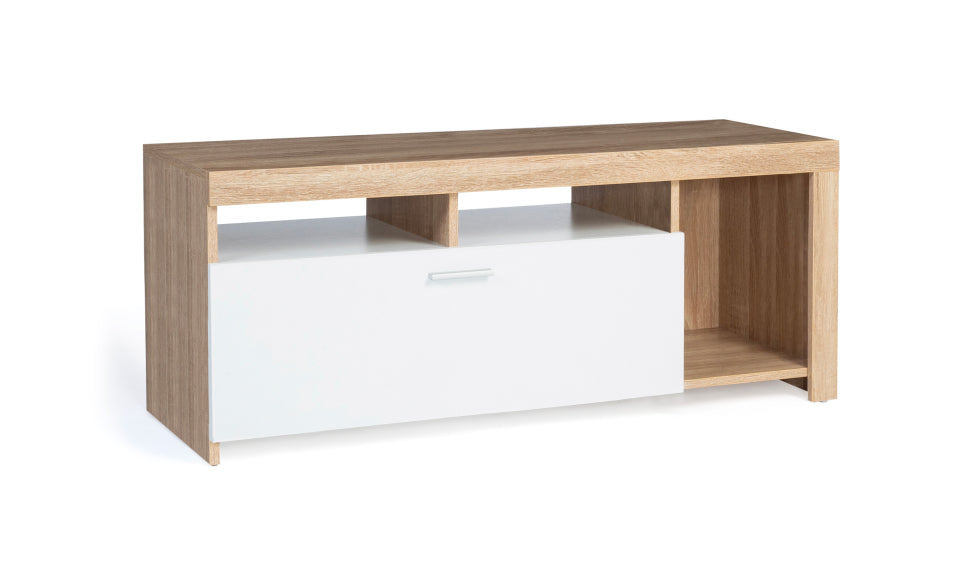 Meuble TV Maryse bois et blanc rangements multiples L110cm