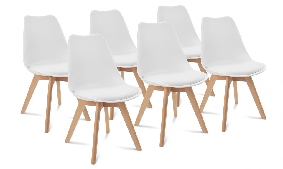 Chaises Nordia assise blanche et pieds bois - lot de 6