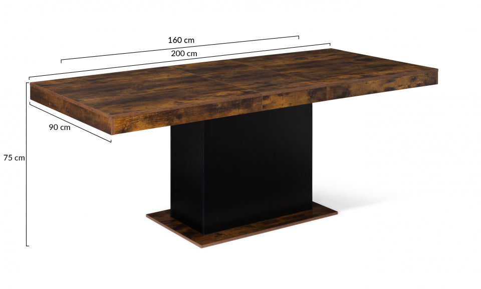 Table repas extensible Tania 160-200cm plateau effet bois vieilli et pied central noir