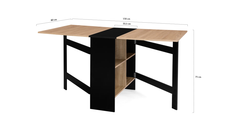 Table repas console pliable Edi plateau naturel et pieds noirs avec rangements