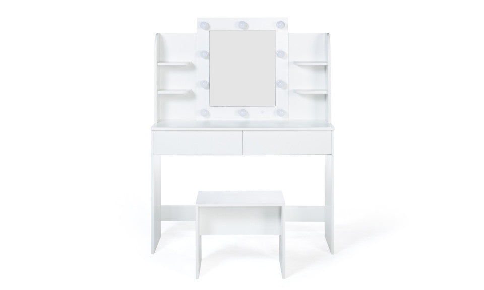 Coiffeuse Zita blanche double étagères, miroir LED et tabouret