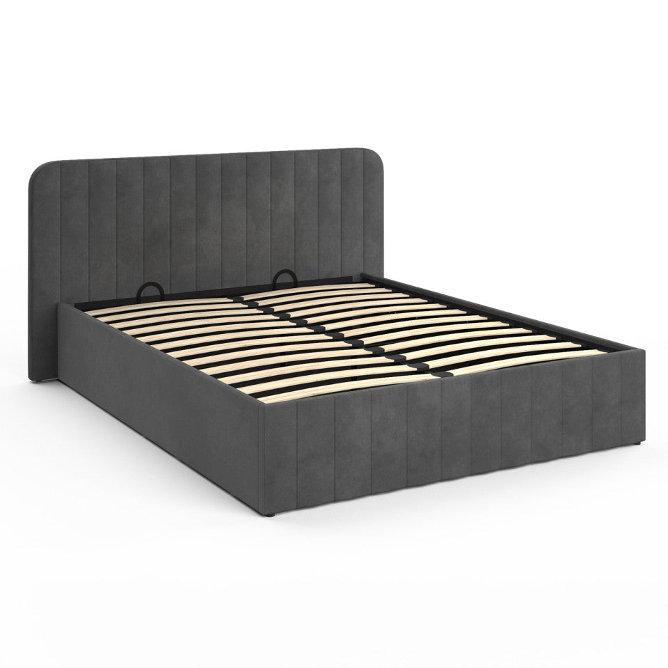 Lit coffre Valentina en velours beige avec sommier et tête de lit 140x190cm