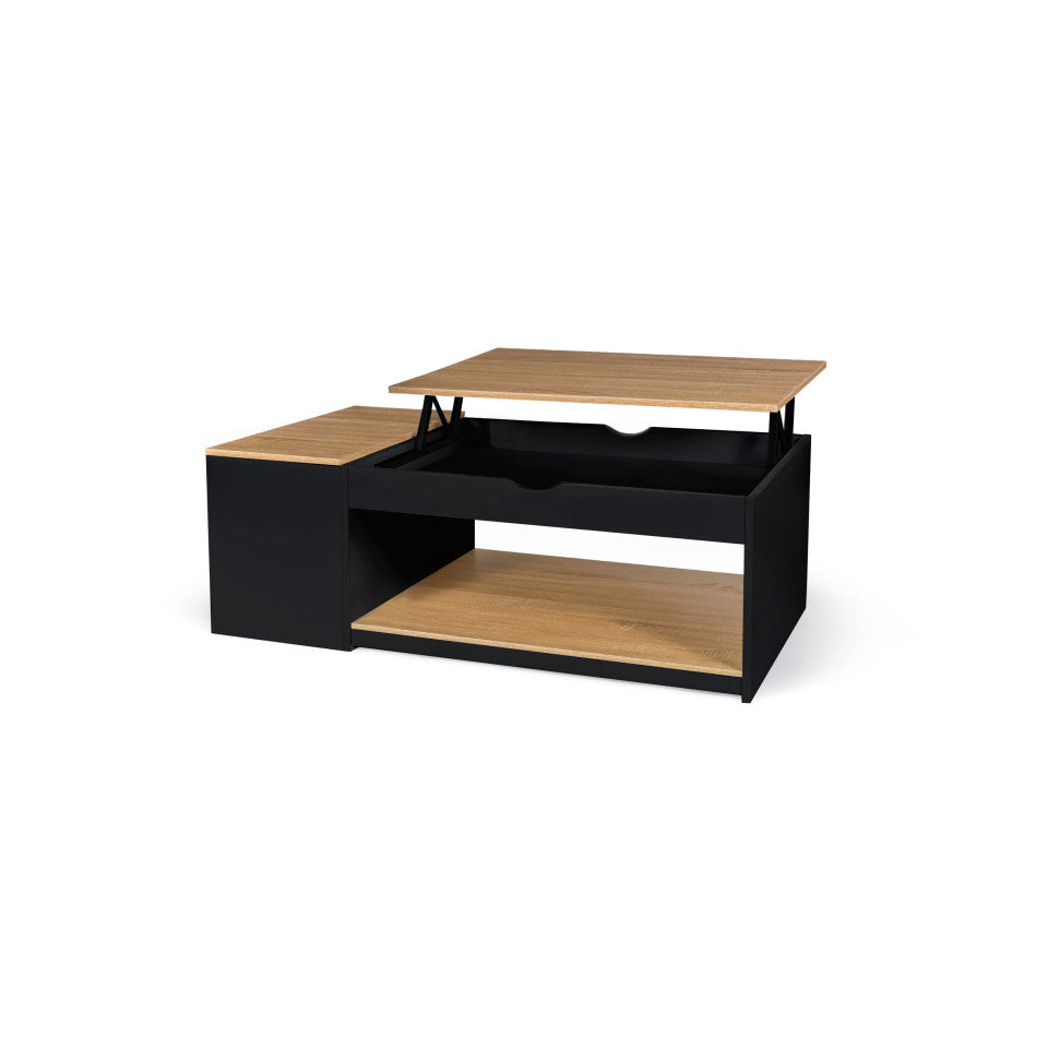 Table basse Elina avec plateau relevable et coffre latéral noir et bois L110cm
