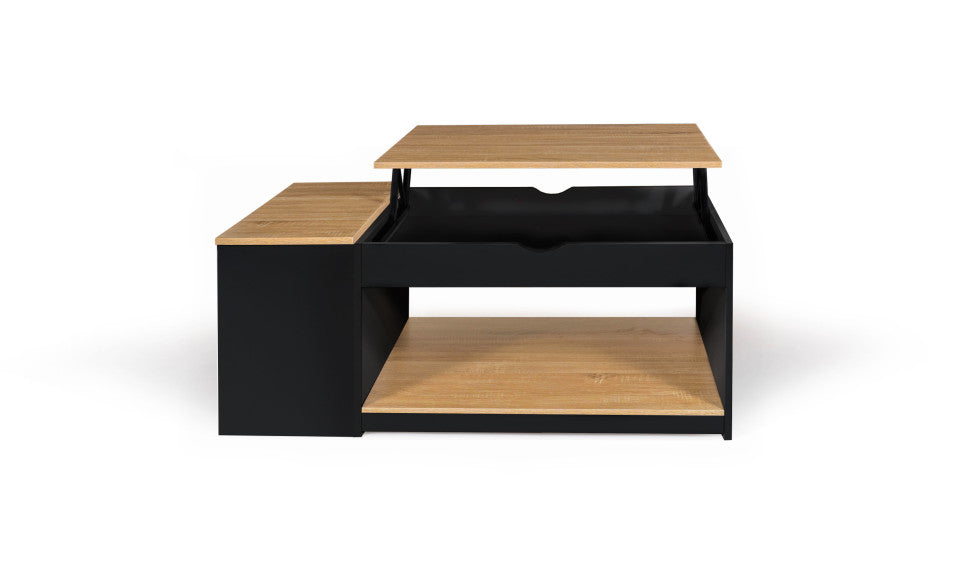 Table basse Elina avec double plateau relevable et coffre latéral noire et bois L110cm