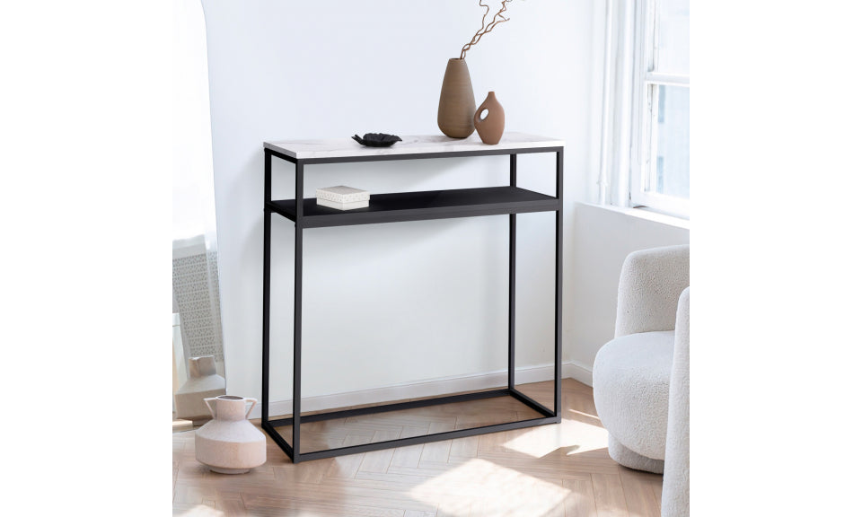 Console d'entrée Glam double plateau effet marbre et pieds noirs