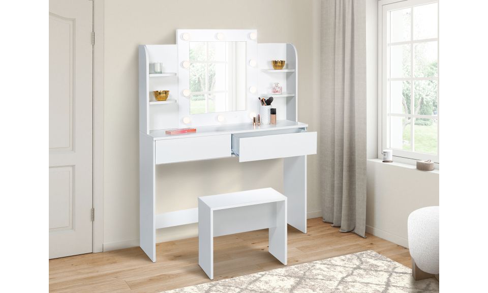 Coiffeuse Zita blanche double étagères, miroir LED et tabouret