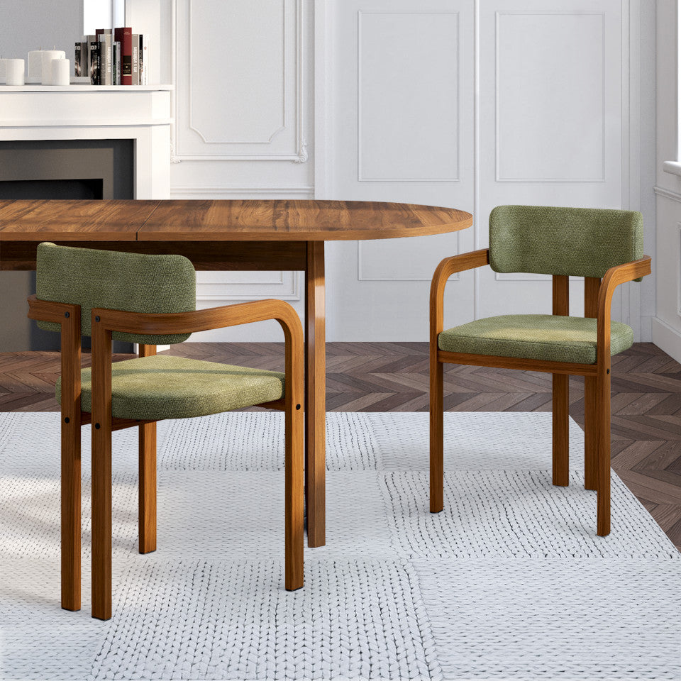 Chaises Elsa avec accoudoirs tissu chenille vert pieds effet noyer - lot de 4