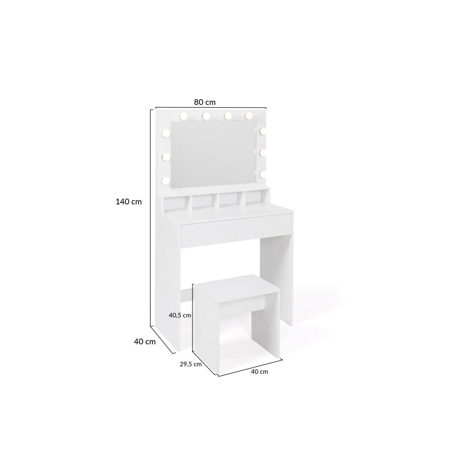 Coiffeuse Zita blanche avec miroir LED, 4 niches, 1 tiroir et 1 tabouret