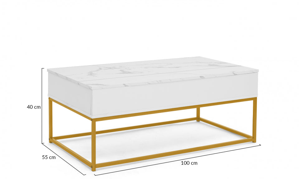 Table basse Glam avec plateau relevable effet marbre blanc et pieds dorés L100cm