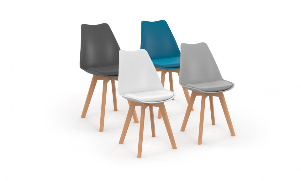 Chaises Nordia assise mix de couleurs : 1x blanc, 1x gris clair, 1x bleu canard et 1x gris foncé - lot de 4