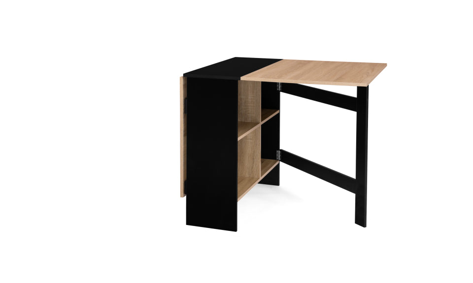 Table repas console pliable Edi plateau naturel et pieds noirs avec rangements