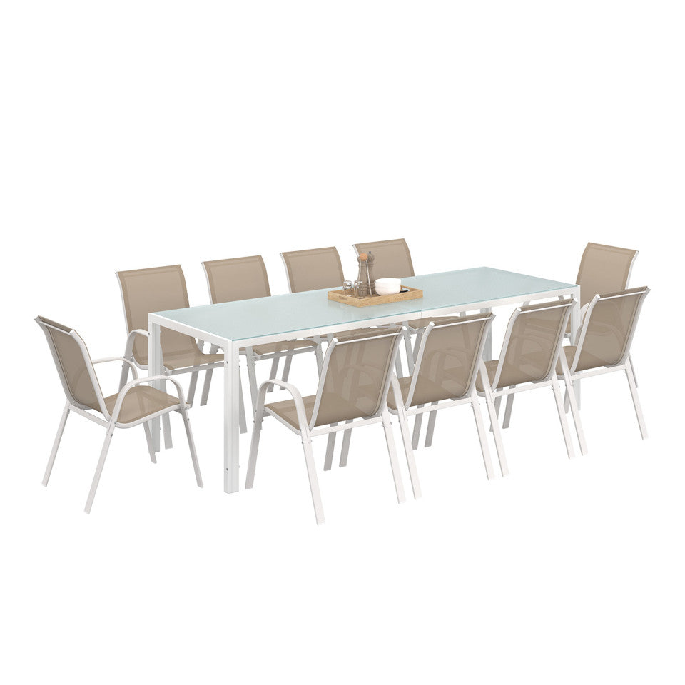 Ensemble repas Formentera 10 places en acier beige et verre trempé 240 cm