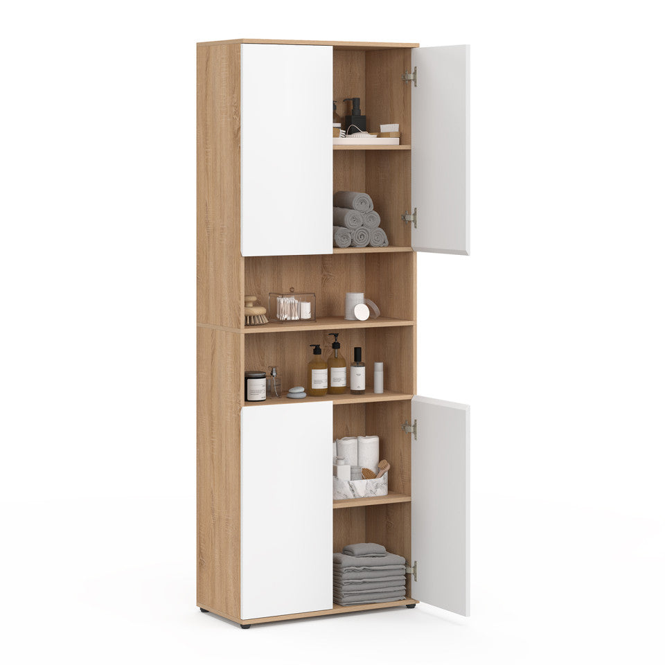 Armoire salle de bain Tom effet hêtre 4 portes blanches